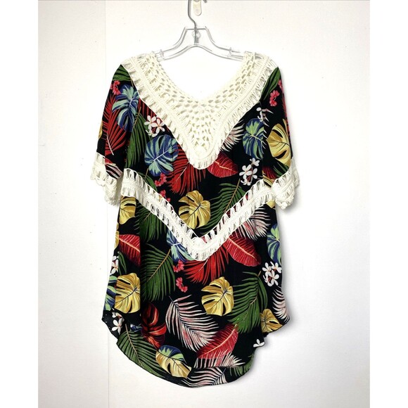 Boho Beach Hawaiia Blouse Crochet Size M/L Leaf Floral Print Multicolor Tropical - Picture 8 of 12